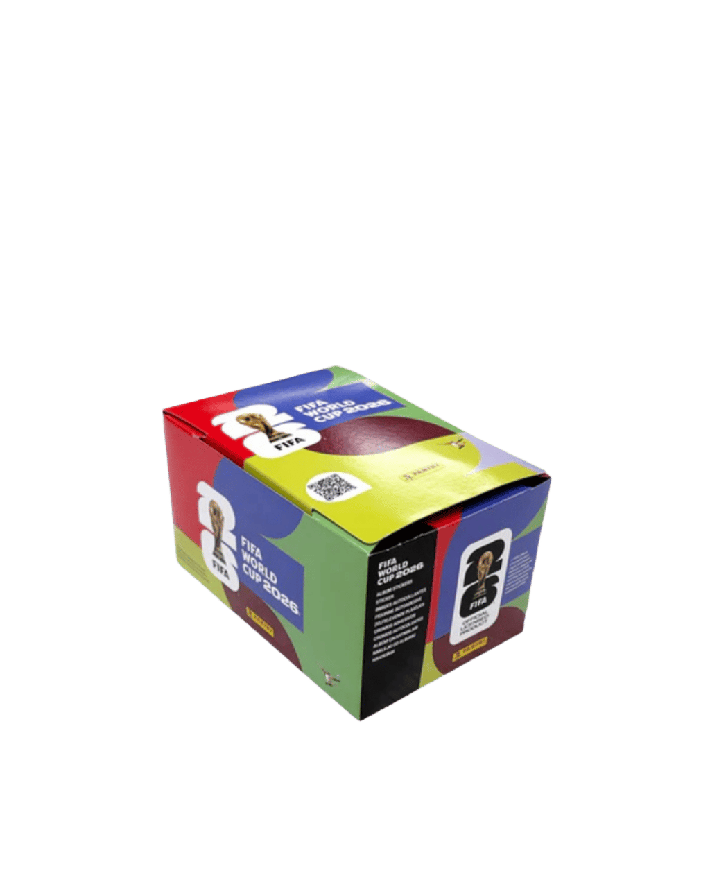 Official FIFA World Cup 2026 Panini sticker box featuring colorful branding and trophy logos.