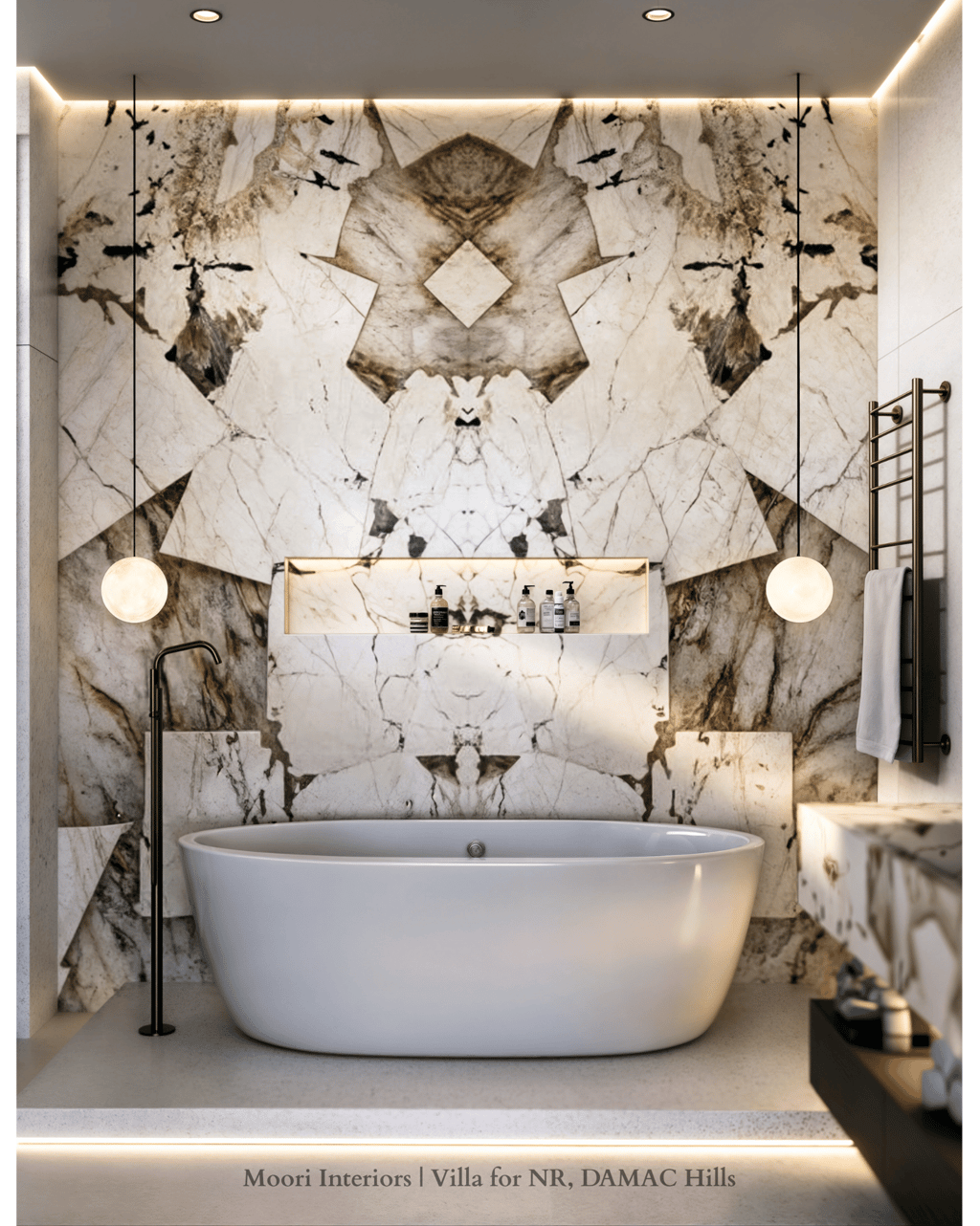 Bathroom with a modern black floor-mounted faucet and pendant lighting above a white tub.