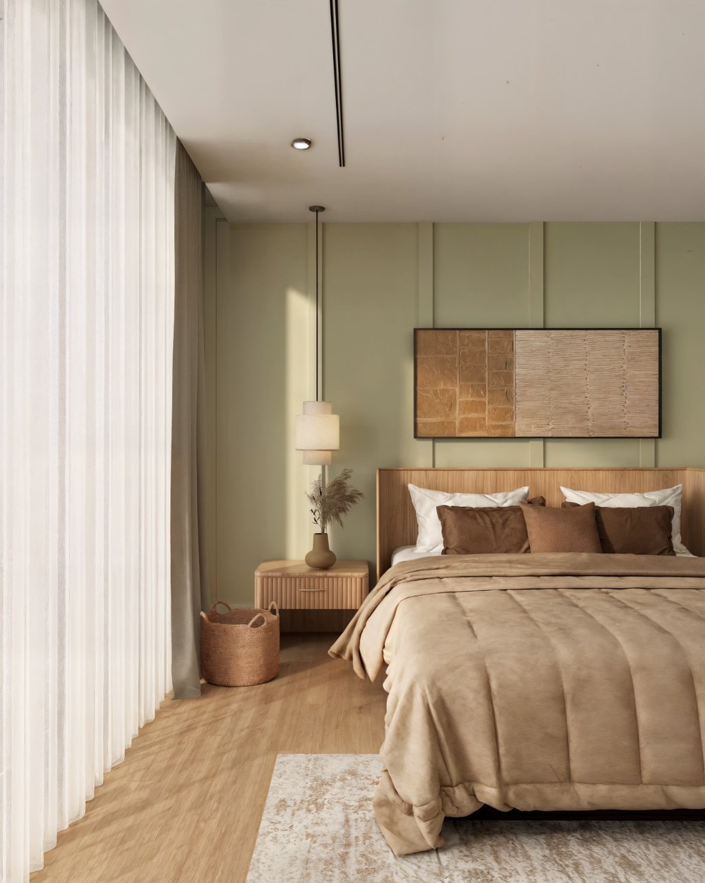 Calm bedroom with muted tones and low contrast for reduced sensory load