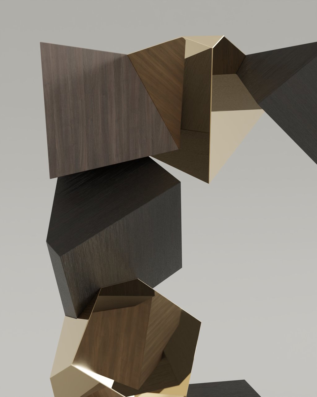 Console Pyrite en noyer et laiton poli, cubes imbriqués et tronqués