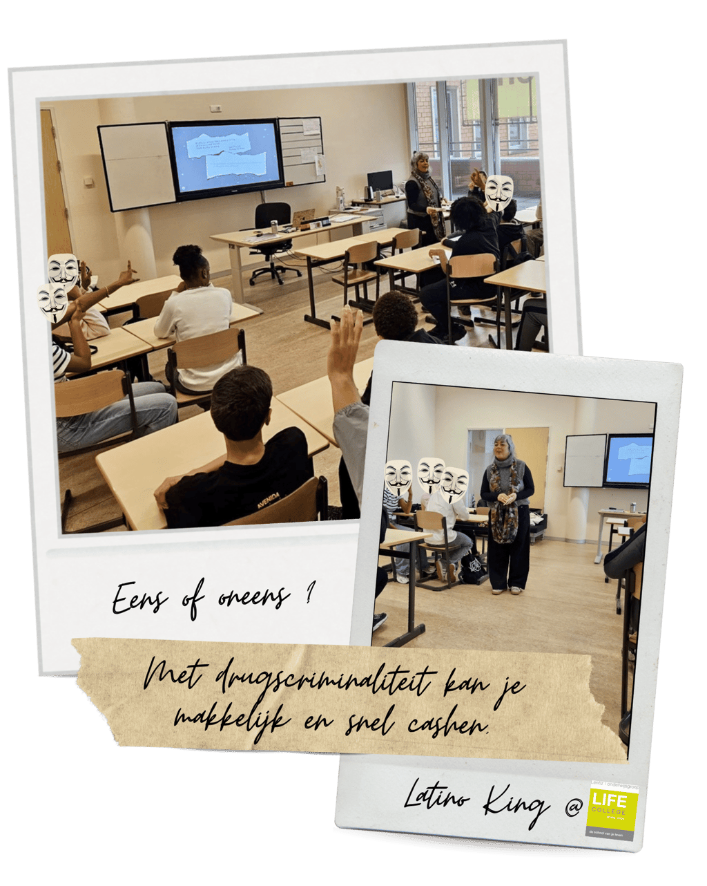 Polaroids van een boekpromotie op een school