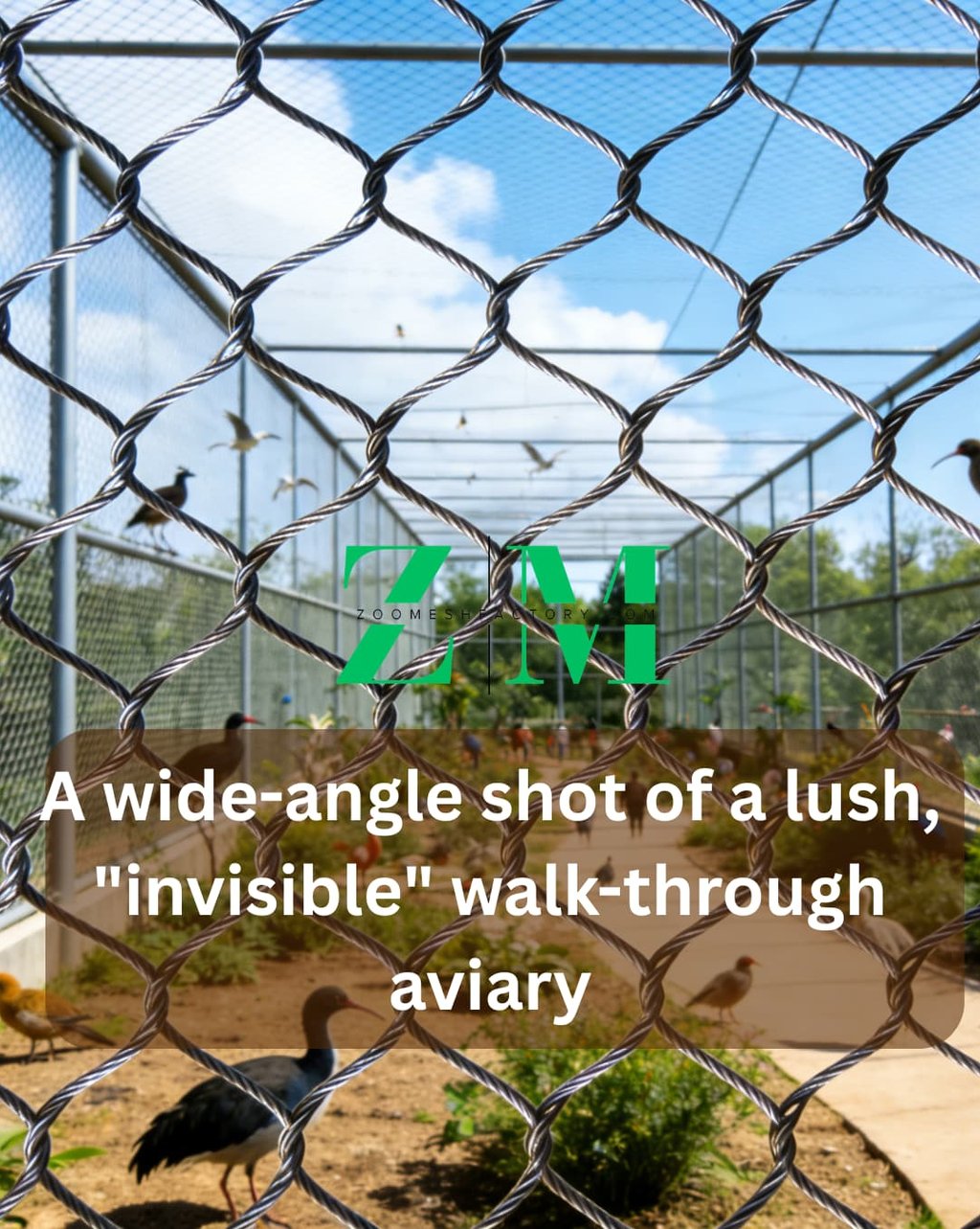 Large scale walk-through aviary featuring black oxide stainless steel zoo mesh