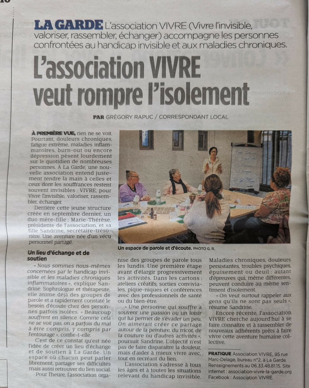 Article de presse Var-Matin sur l'association V.I.V.R.E. Ă La Garde, pour le handicap invisible.