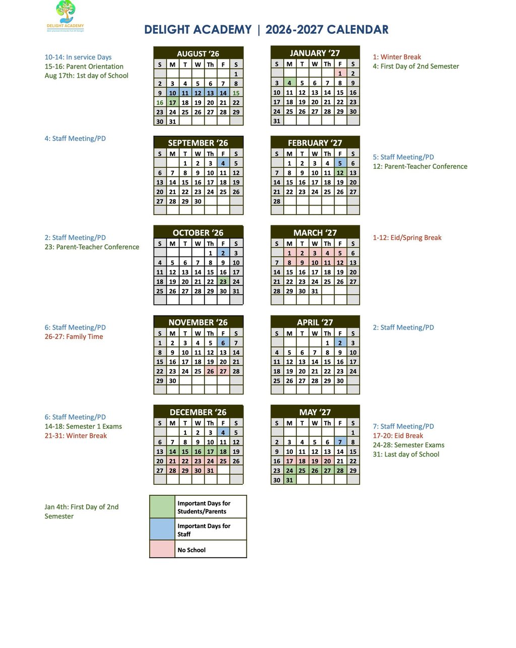 2026-2027 Academic Year Calendar of Delight Academy. August 17  to May 31 of 2027