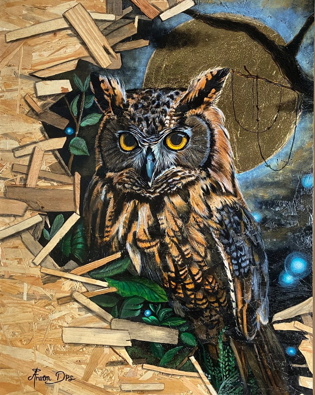 Œuvre Gardien du Silence représentant une chouette aux yeux jaunes, peinture réalisée sur bois OSB.