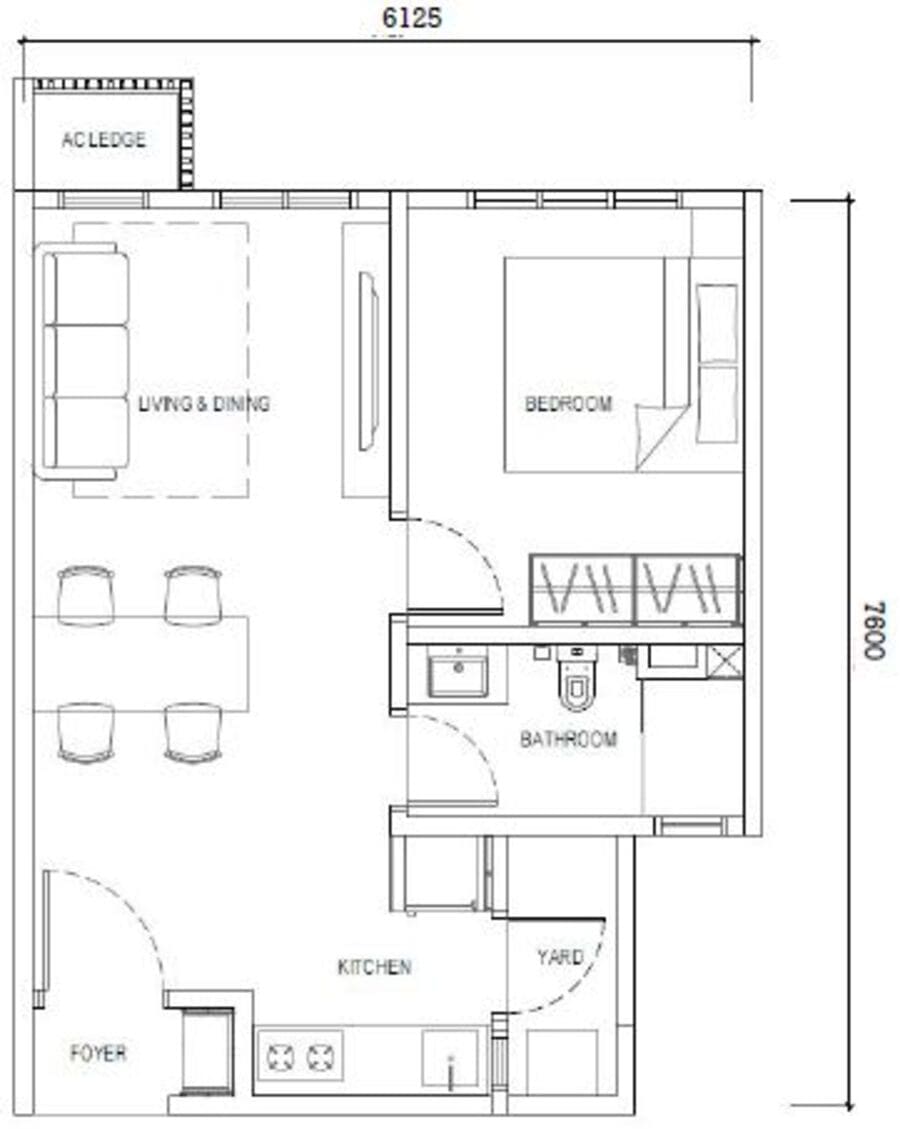 Type C layout – 474sf 1-bedroom 1-bathroom apartment near RTS CIQ