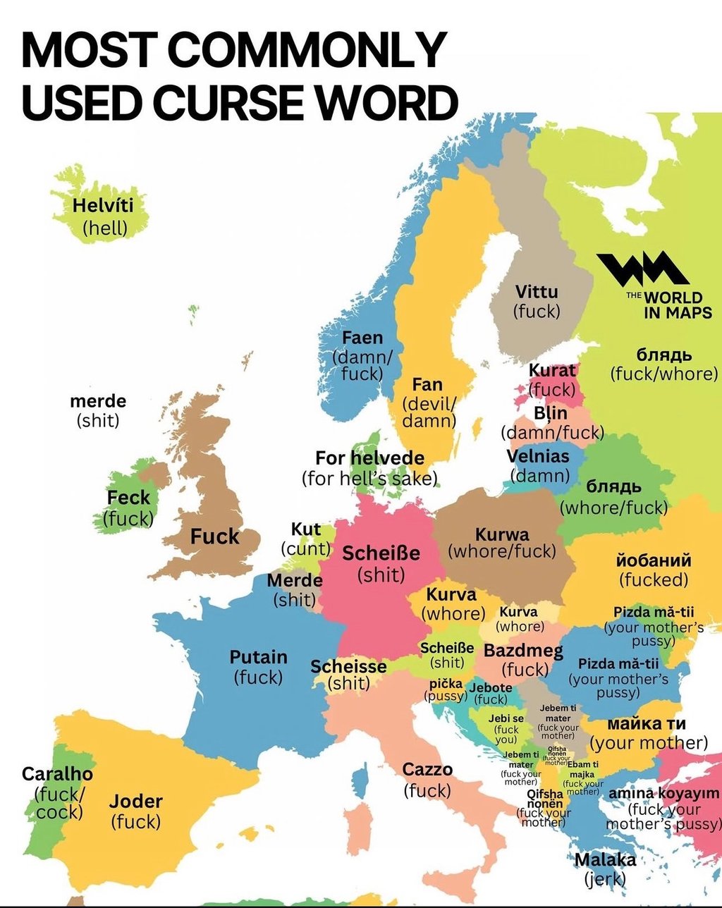 a map of the most commonly used swear words in europe