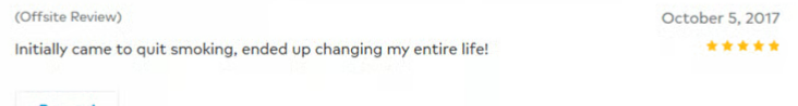 Five-star customer review about quitting smoking and life-changing results.