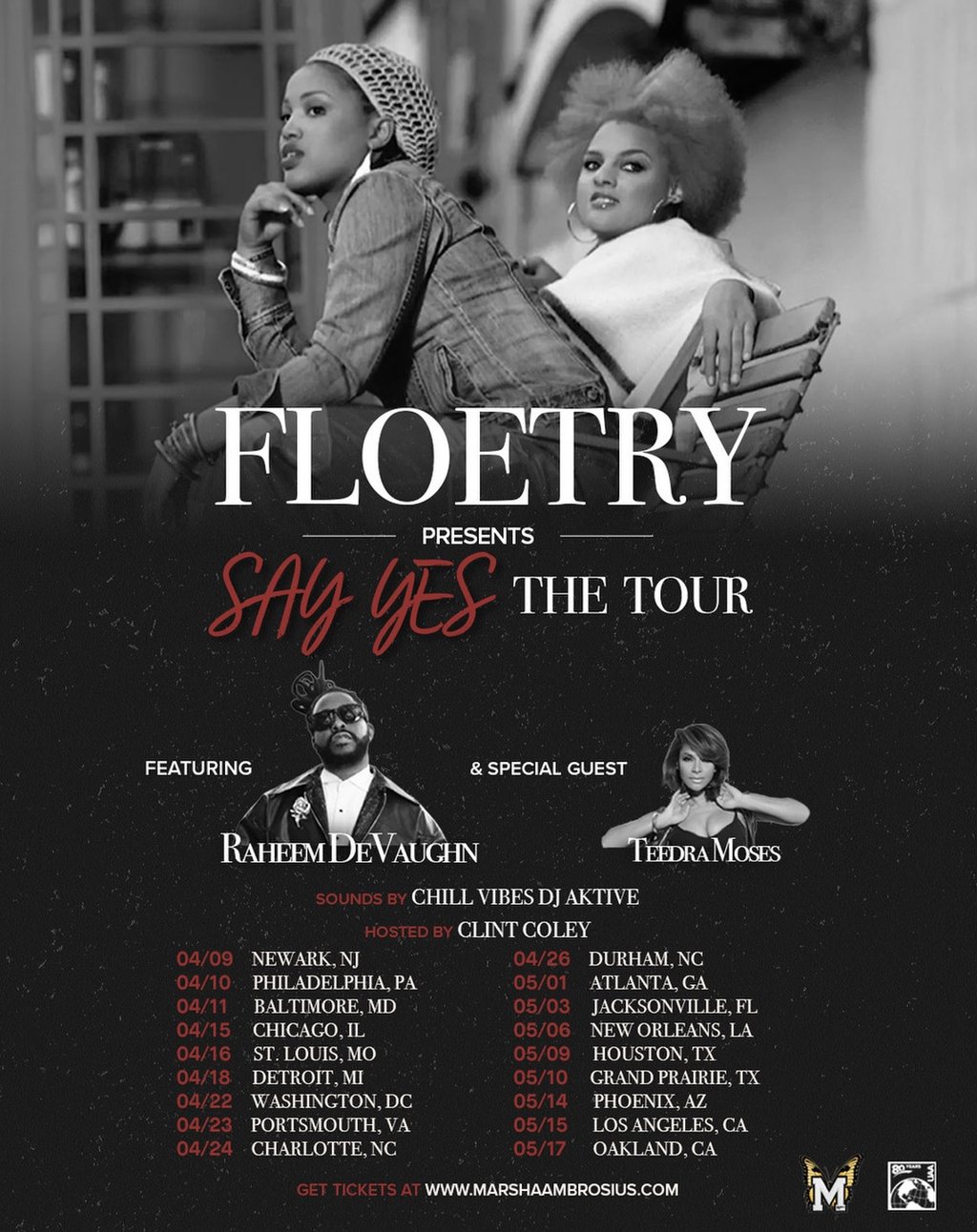 Concert tour poster for Floetry Say Yes The Tour featuring Raheem DeVaughn and Teedra Moses.