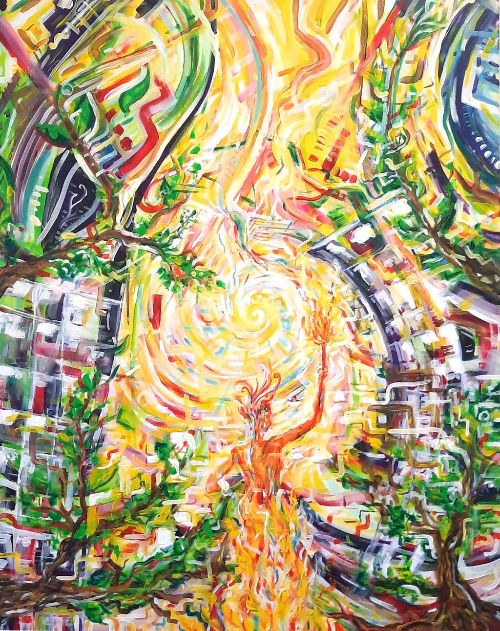 peinture acrylique aux couleurs vives avec un personnage central explorant une ville envahie par la végétation