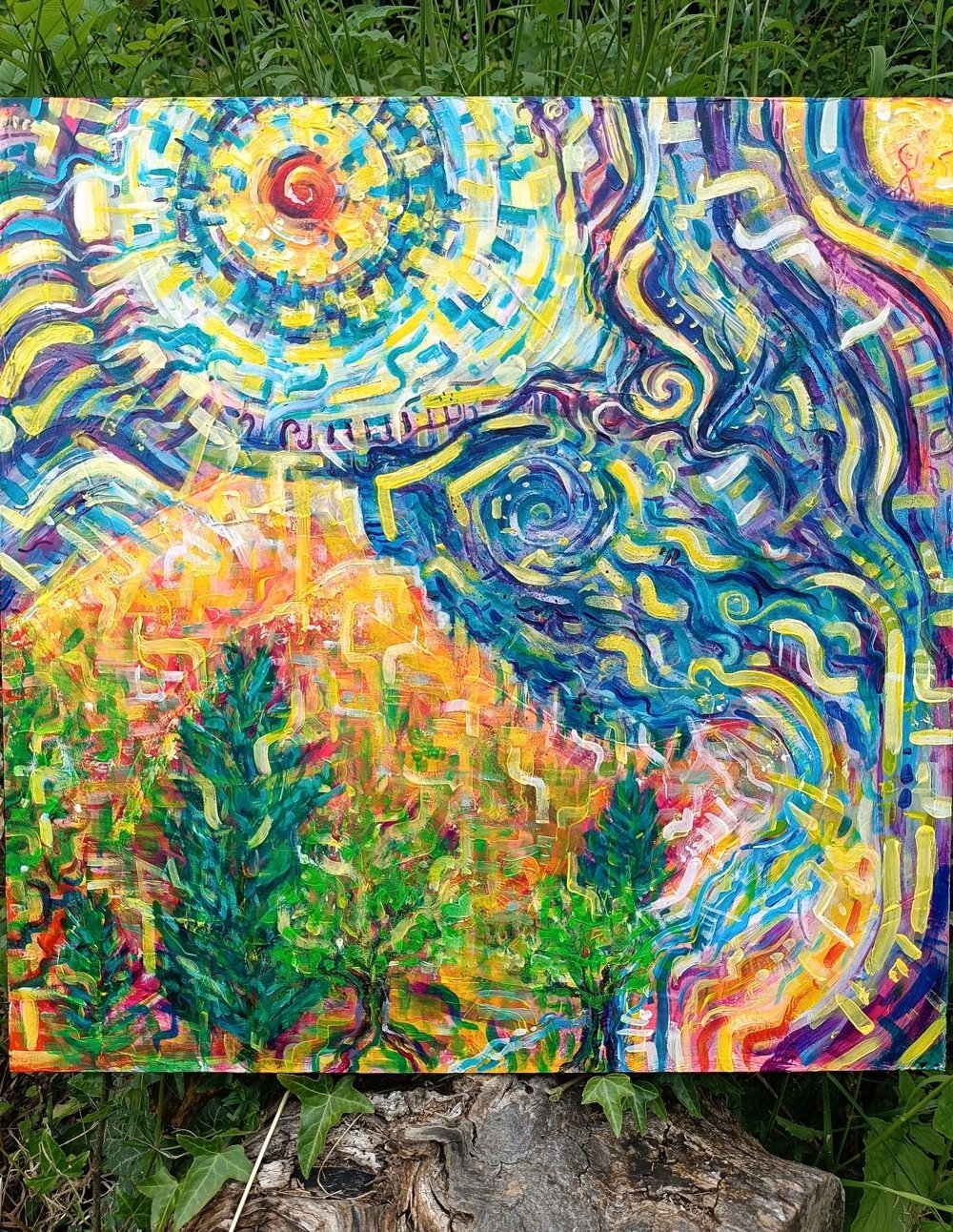 peinture acrylique aux couleurs vives d'un paysage de montagne nocturne et psychédélique