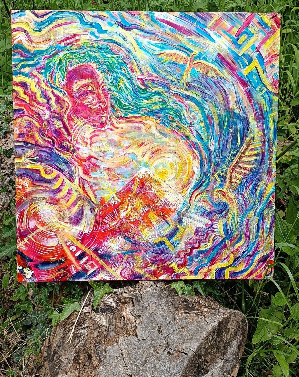 Tableau coloré à la frontière de l'abstraction, aux tons roses, bleus, orangés et jaunes