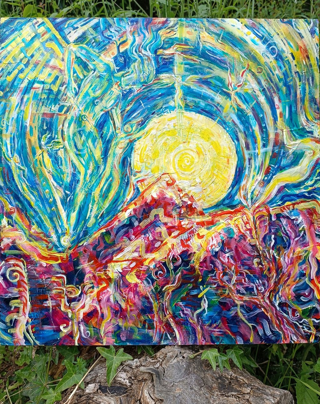 Peinture acrylique représentant un paysage nocturne montagneux dans lequel se dessinent des êtres angéliques et féériques