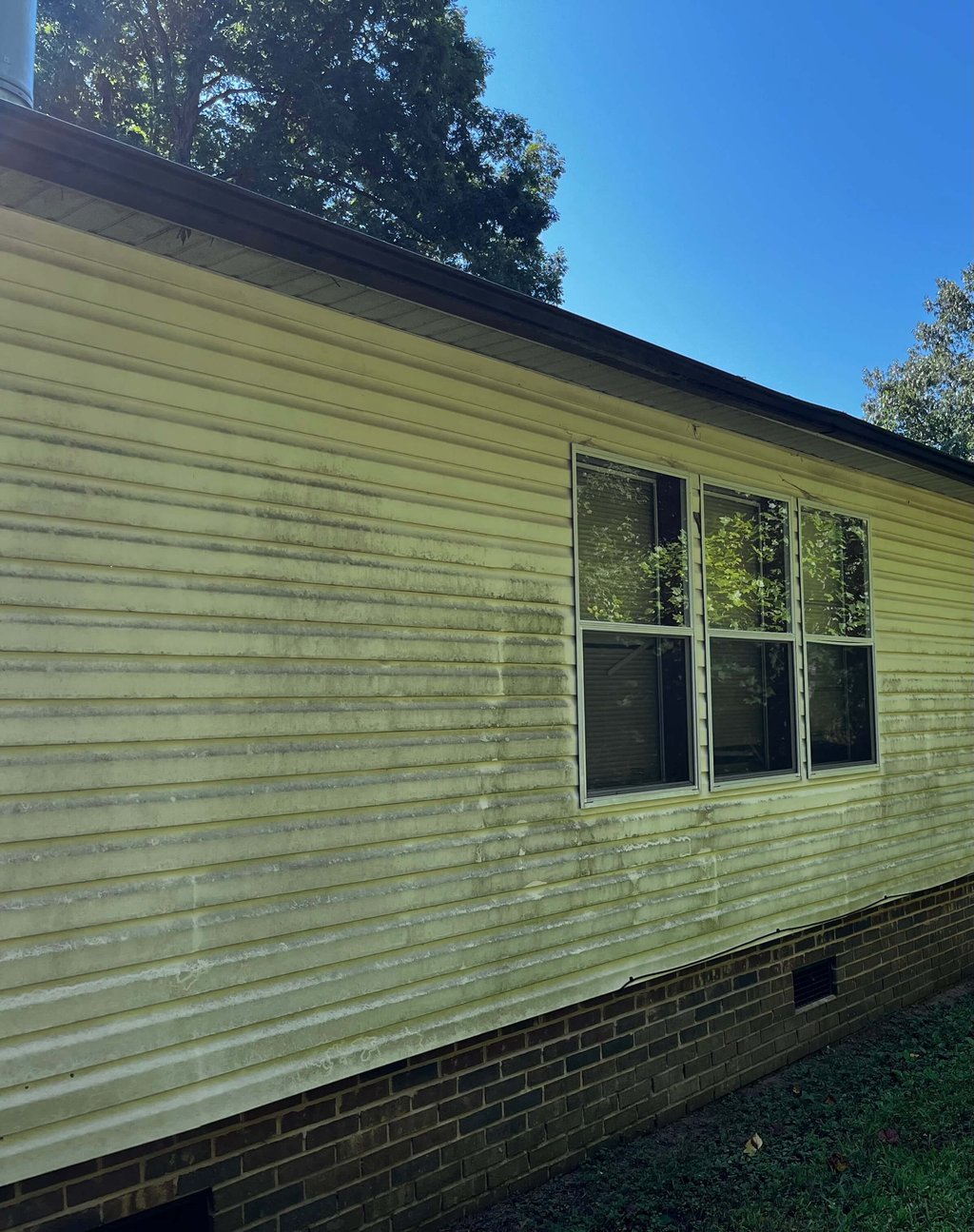 Before: heavily grimy vinyl siding on Lenoir NC house—thick green algae and mildew buildup, ready for soft wash