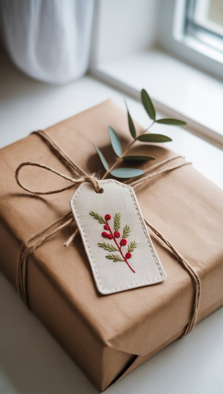 a gift wrapped in brown paper with a christmas tree