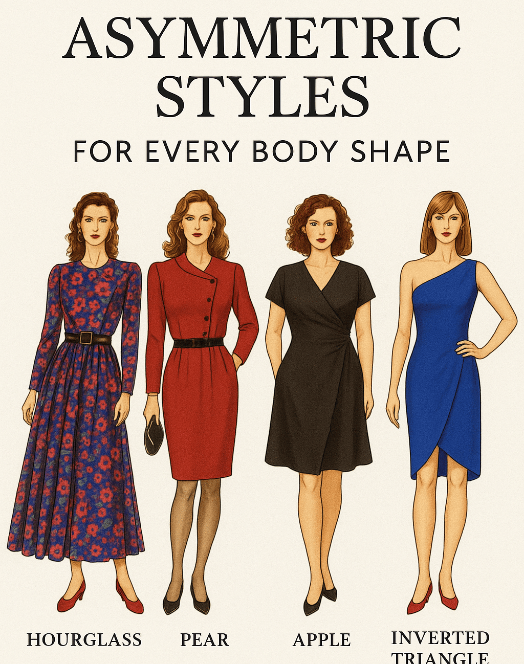 Women in asymmetric dresses styled for hourglass, pear, apple, and inverted triangle body shapes.