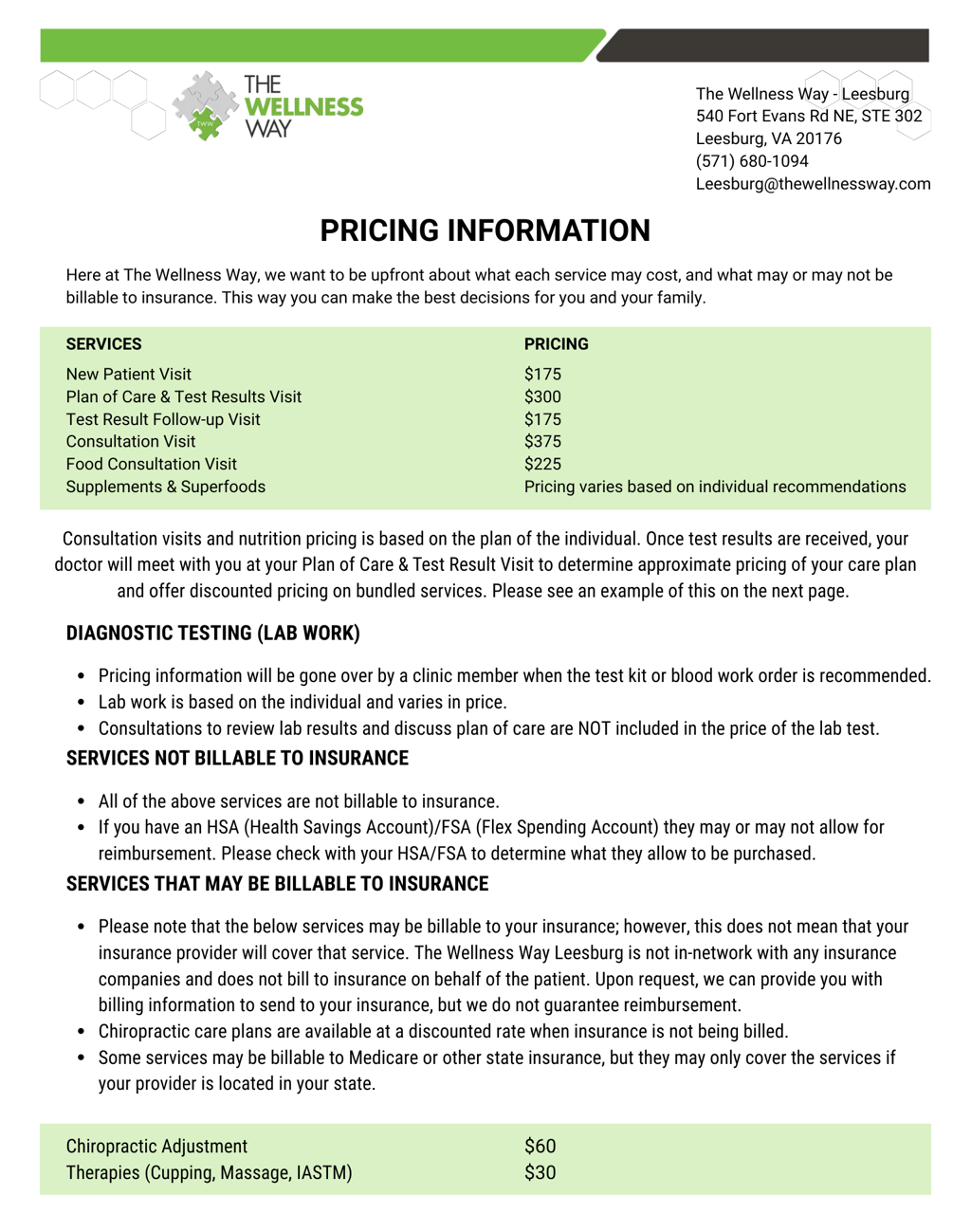 The Wellness way Leesburg Pricing Sheet