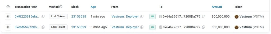 Screenshot of transactions of team tokens into the Locker