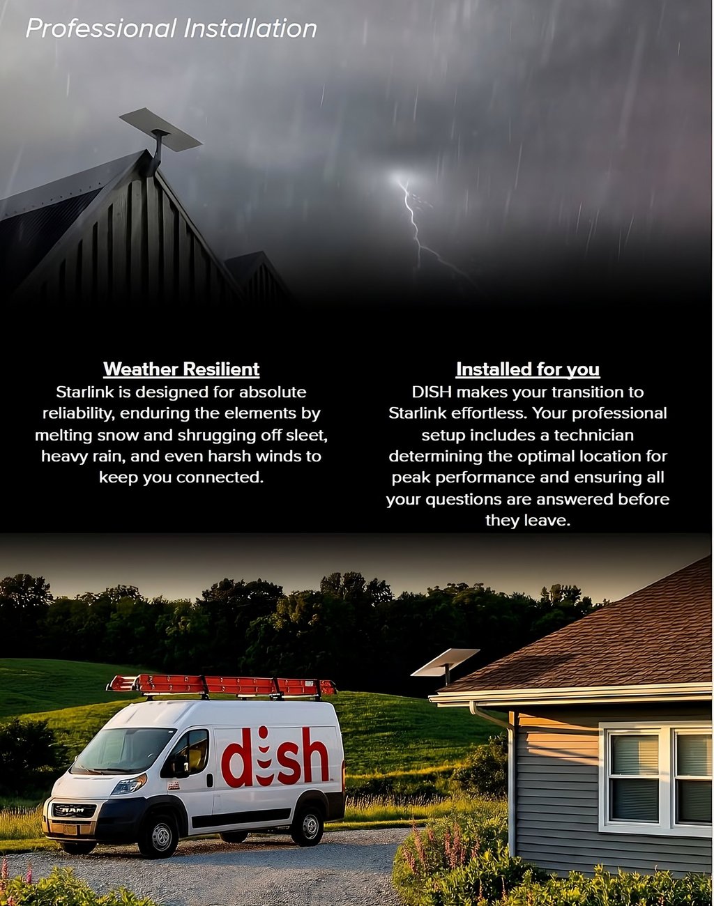 DISH professional installation van parked outside a home with a weather-resilient Starlink satellite dish mounted on the