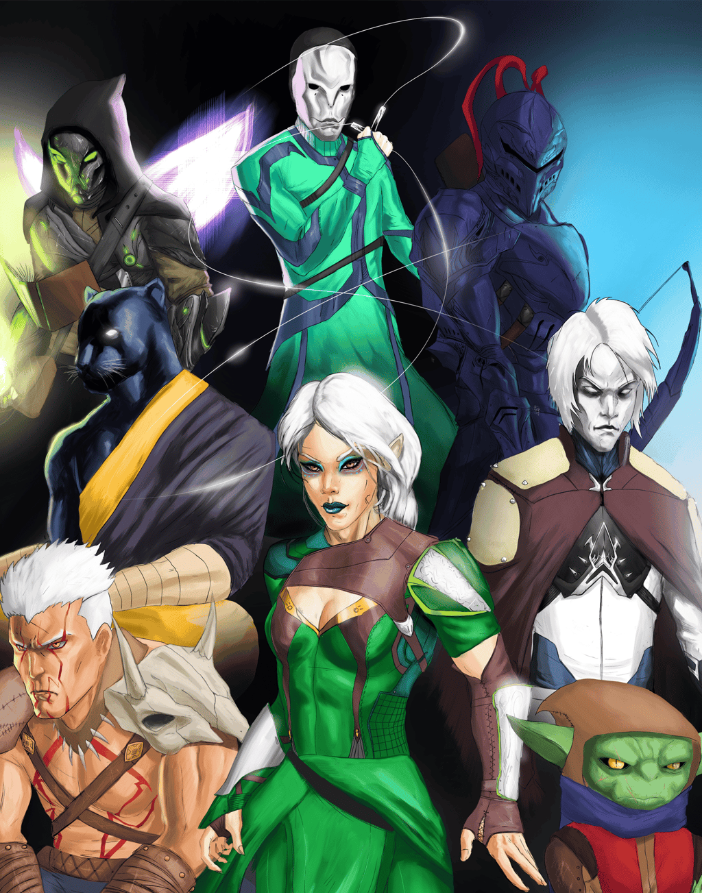 a digital drawing of a group of animation type characters in costumes