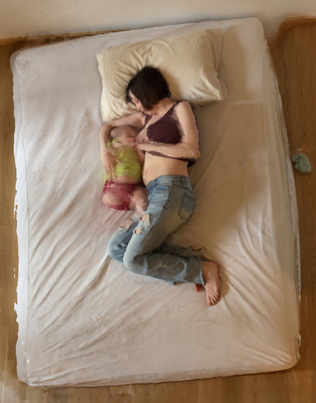 A digital image of Olivia nursing her infant daughter on a mattress on the ground.