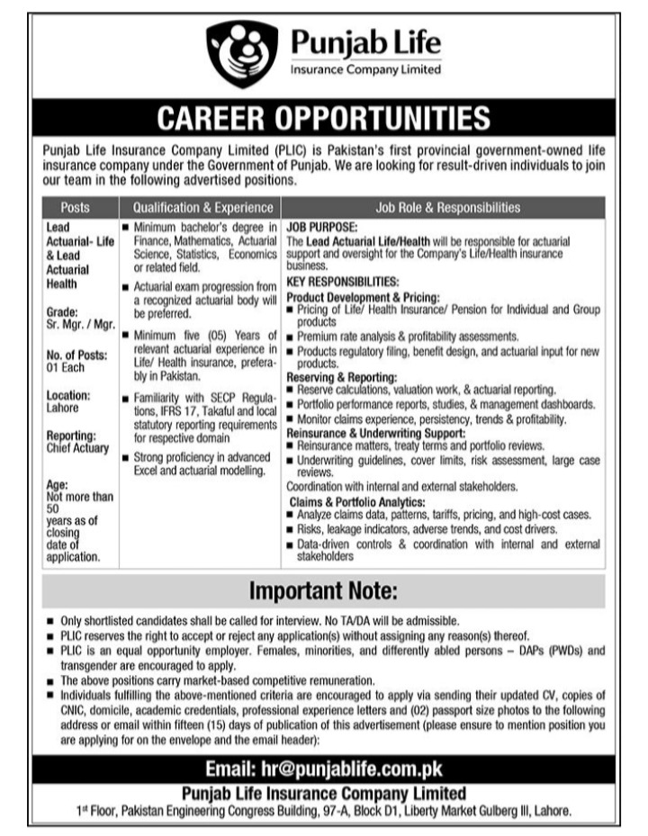 Punjab Life Insurance Company Limited Lahore Jobs May 2026 advertisement for Lead Actuarial Life and