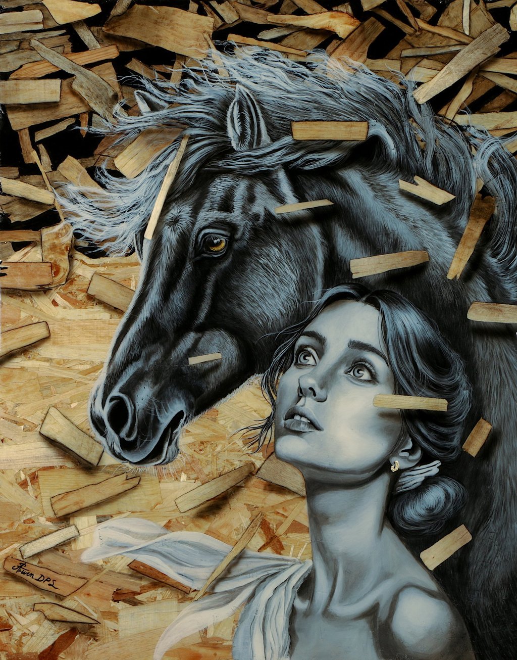 Orithye et le souffle de Borée, représentant une femme accompagnée d’un cheval, peinture