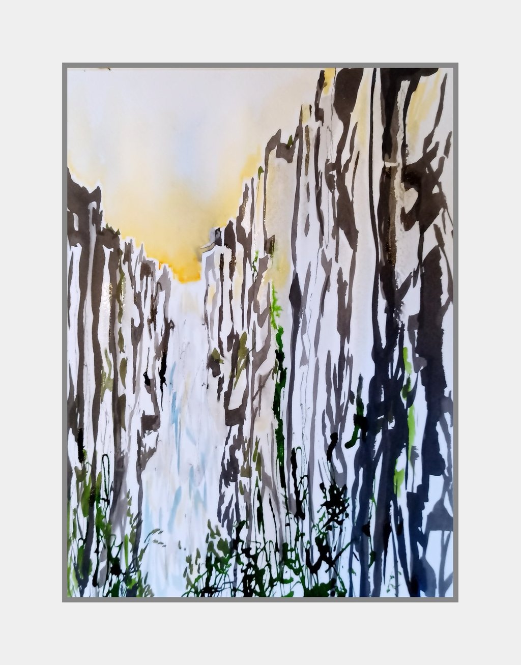 Abstract painting of a sunlit narrow canyon with steep cliffs and rippling waterfall