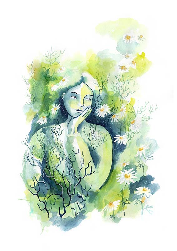 woman thinking surrounded by camomilla.