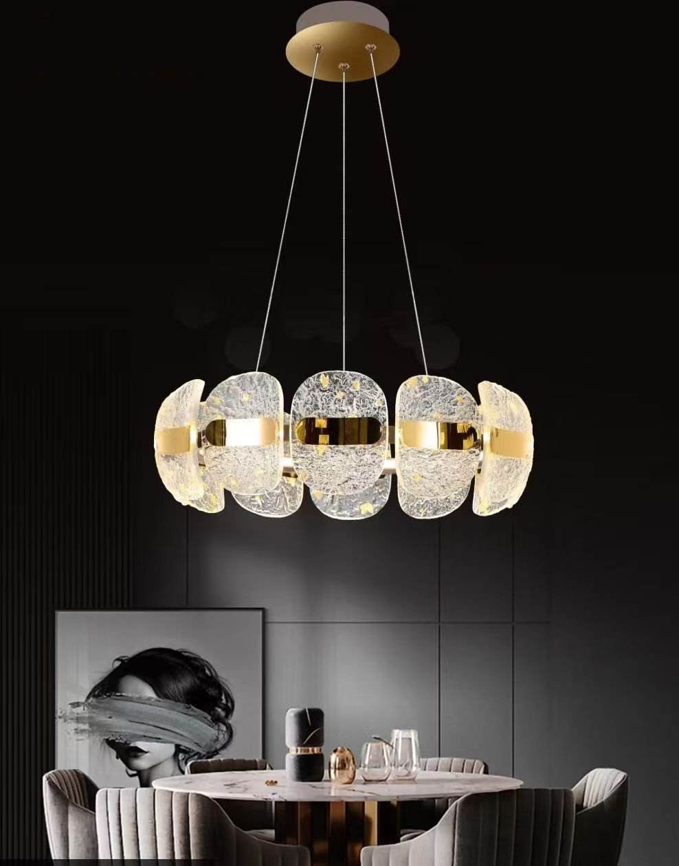 Modern Gold LED Hammered Glass Chandelier for Living Room - Fanxi Technology B2B Manufacturer