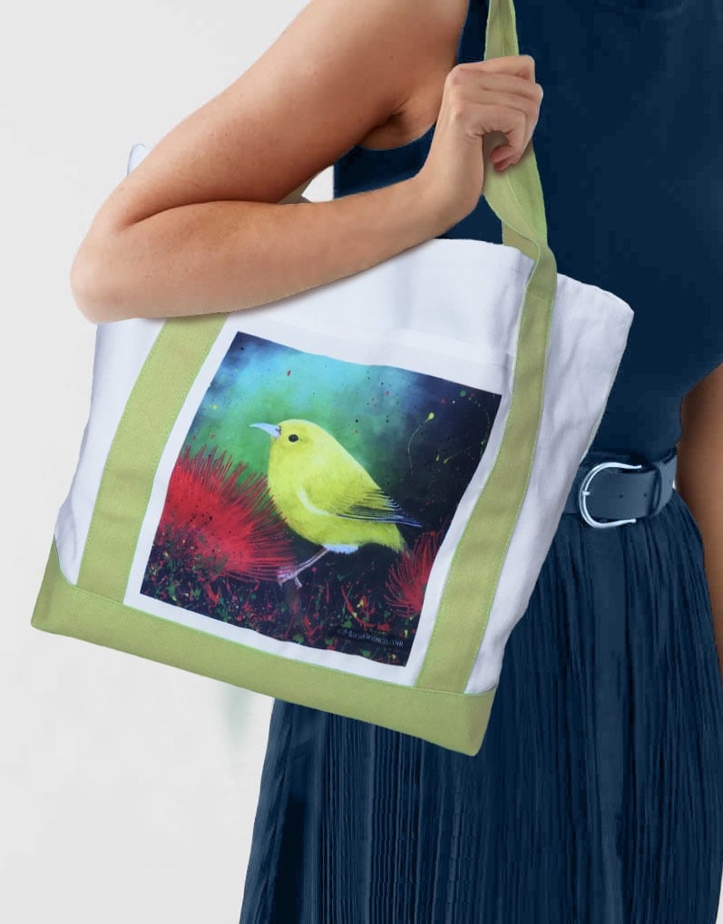 White canvas tote bag featuring a hawaiian endemic bird painting by Mara Branco.