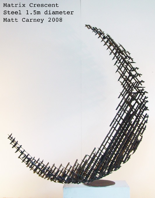 a steel cross-hatched crescent shaped sculpture