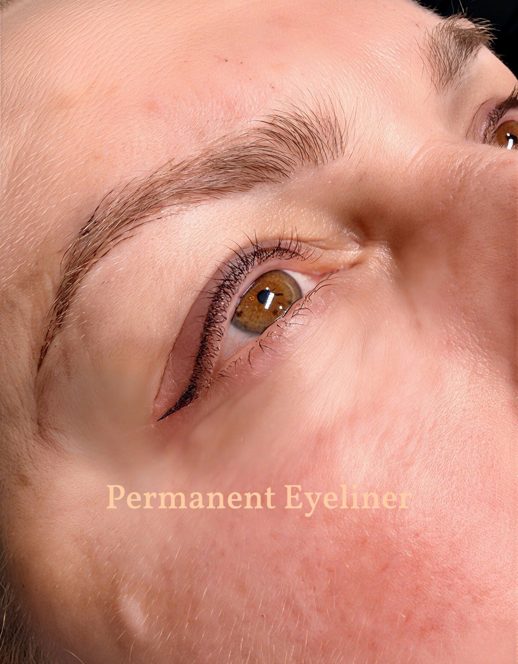 Close-up of professional permanent eyeliner tattoo and lash enhancement on a woman's eyelid.