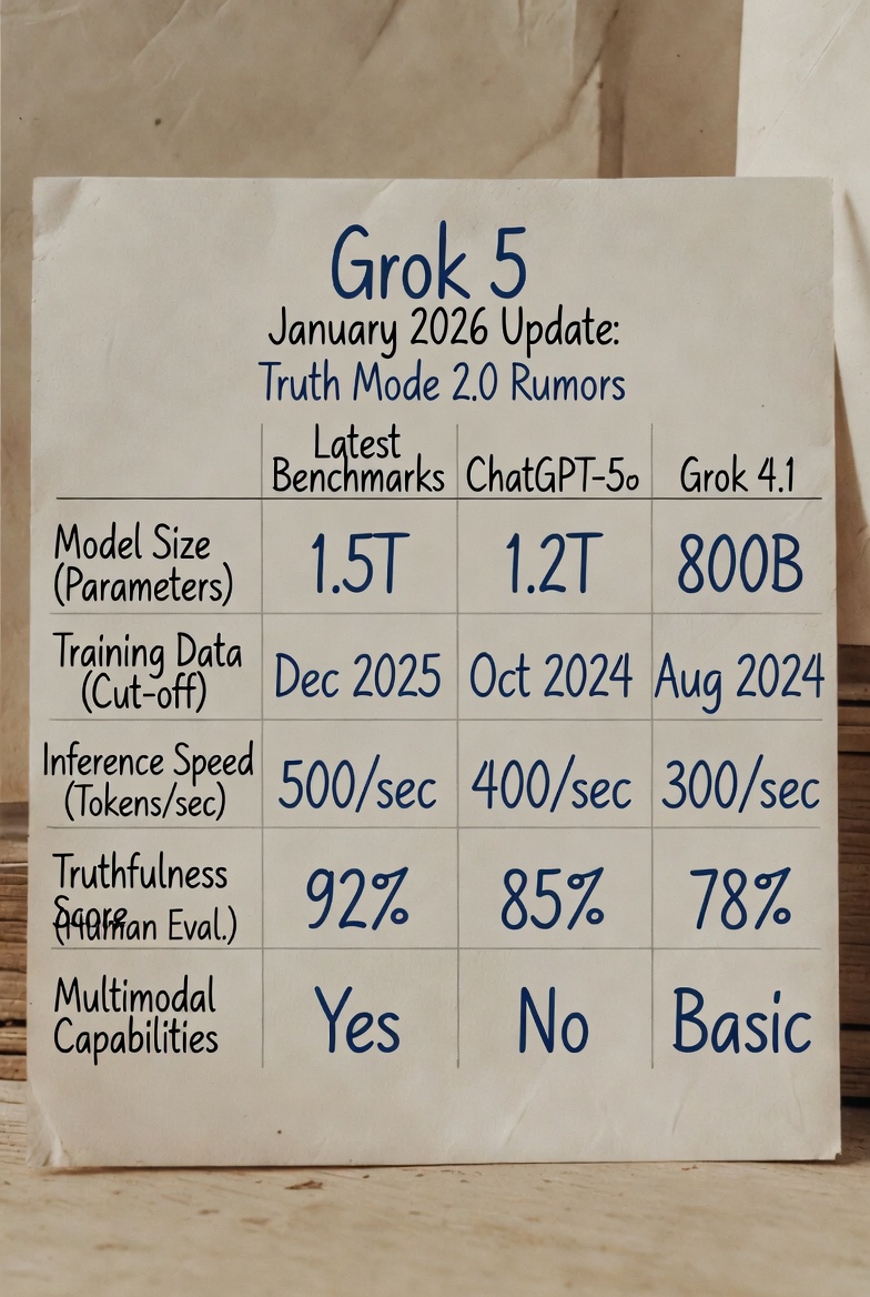 Grok 5 January 2026 update – Truth Mode 2.0 rumors, benchmarks vs ChatGPT-5o & Grok 4.1,