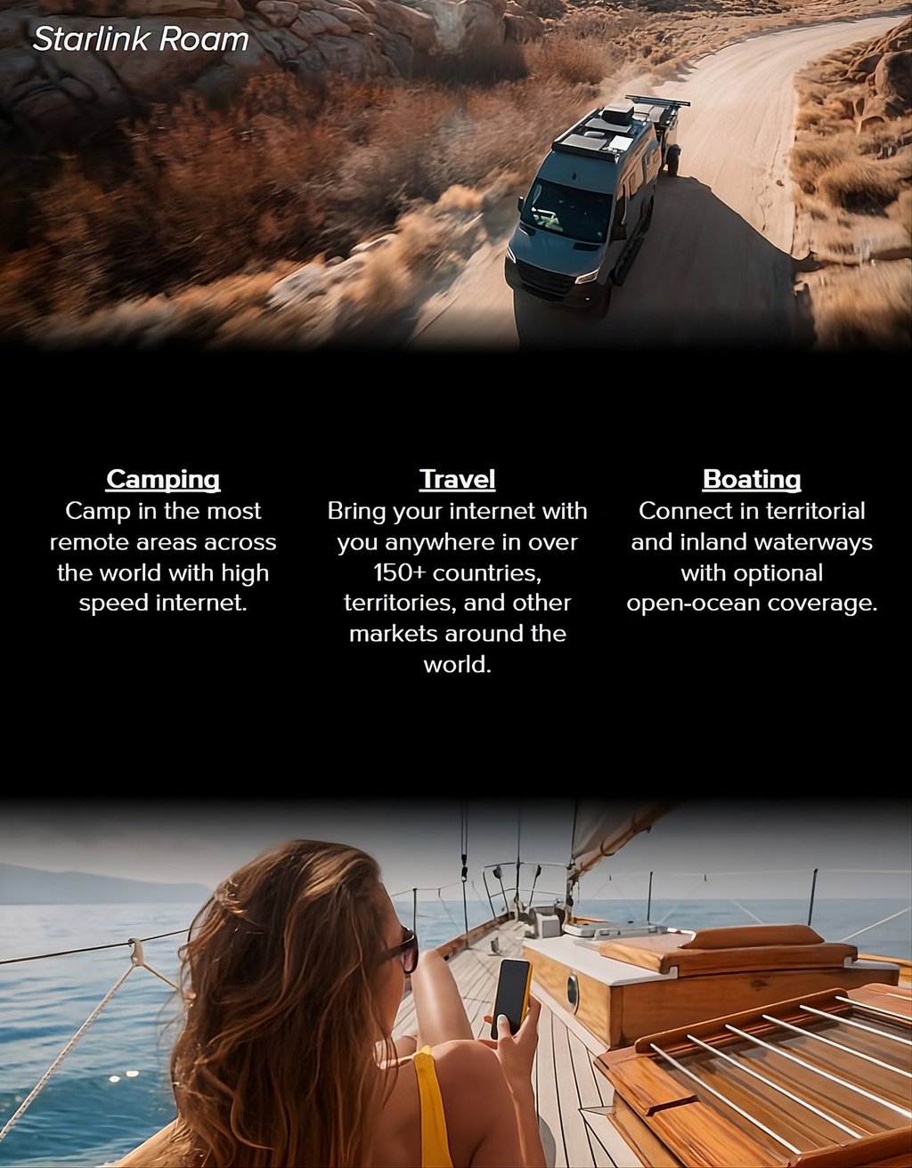 Starlink Roam satellite internet for camping, travel, and boating on a van and sailboat.