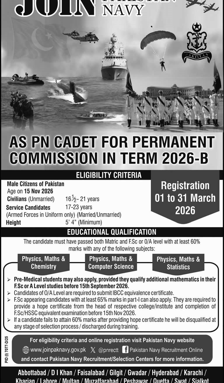 Join Pakistan Navy as PN Cadet 2026 March Online Registration 