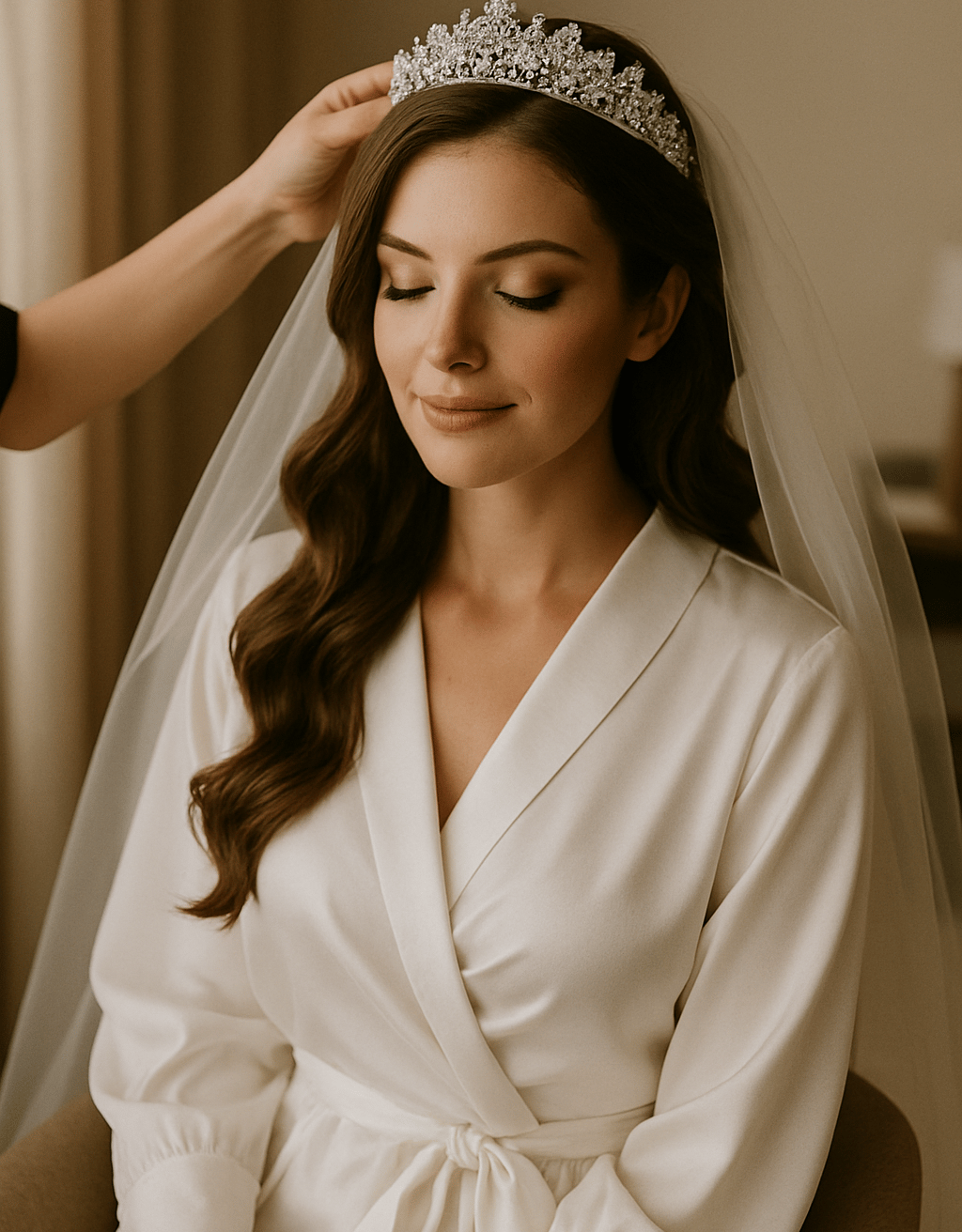 Noiva de pele clara, vestida com robe branco de cetim e tiara prateada, está sentada com os olhos fechados e expressão serena
