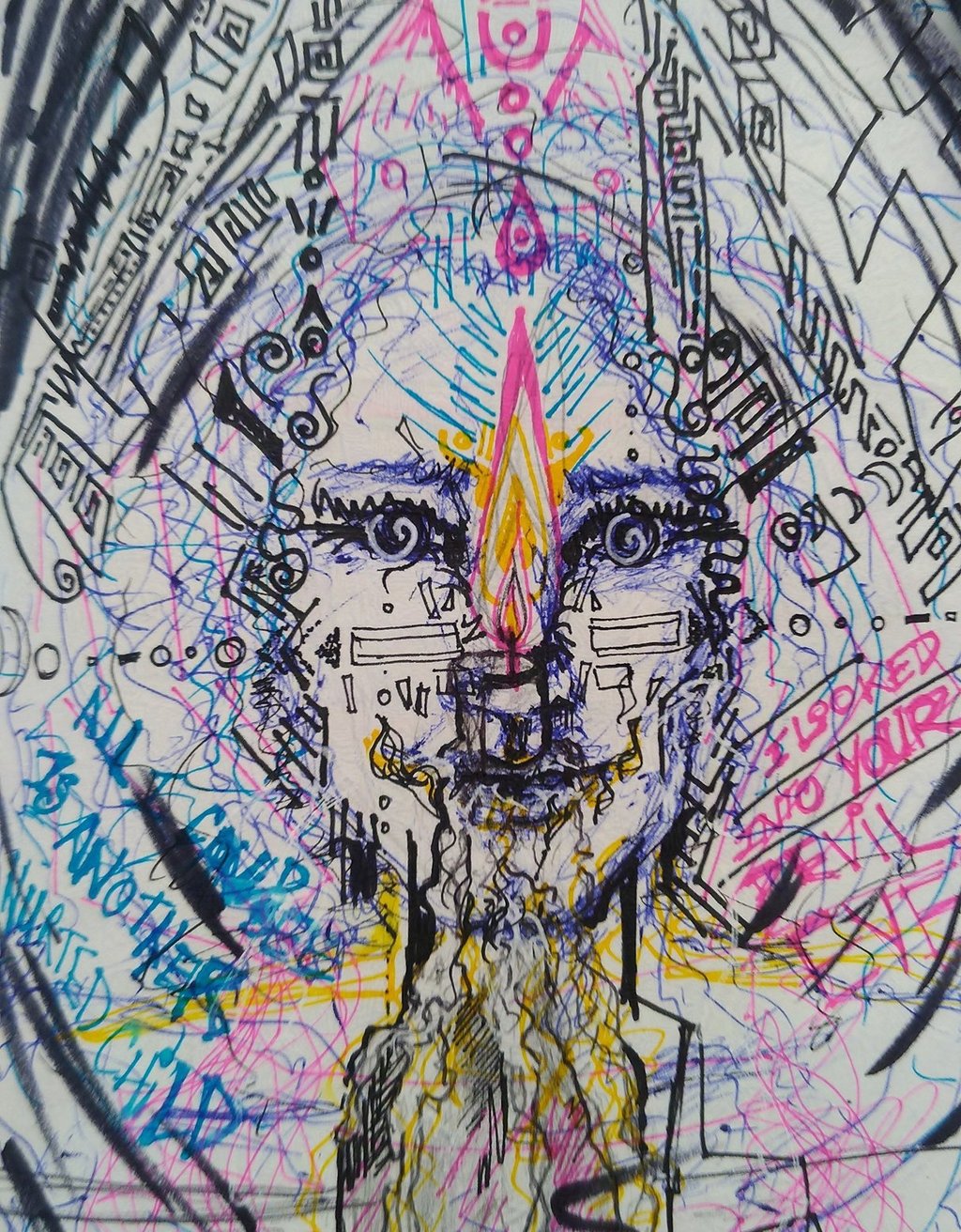 dessin extrait d'un carnet de croquis où on peut distinguer un visage  au regard hypnotique