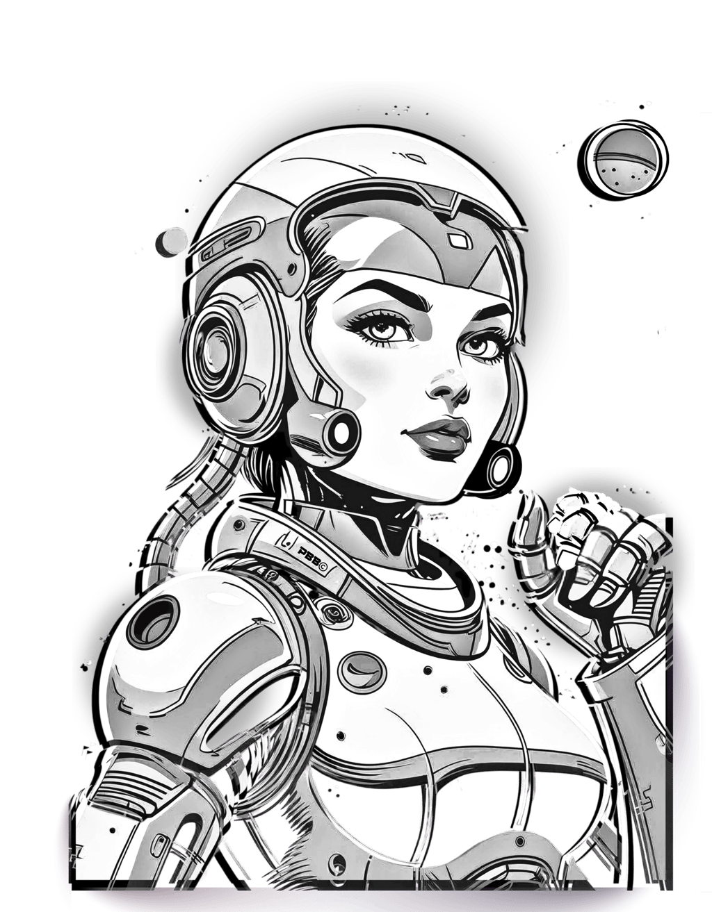 Comic book style coloring page of a female astronaut