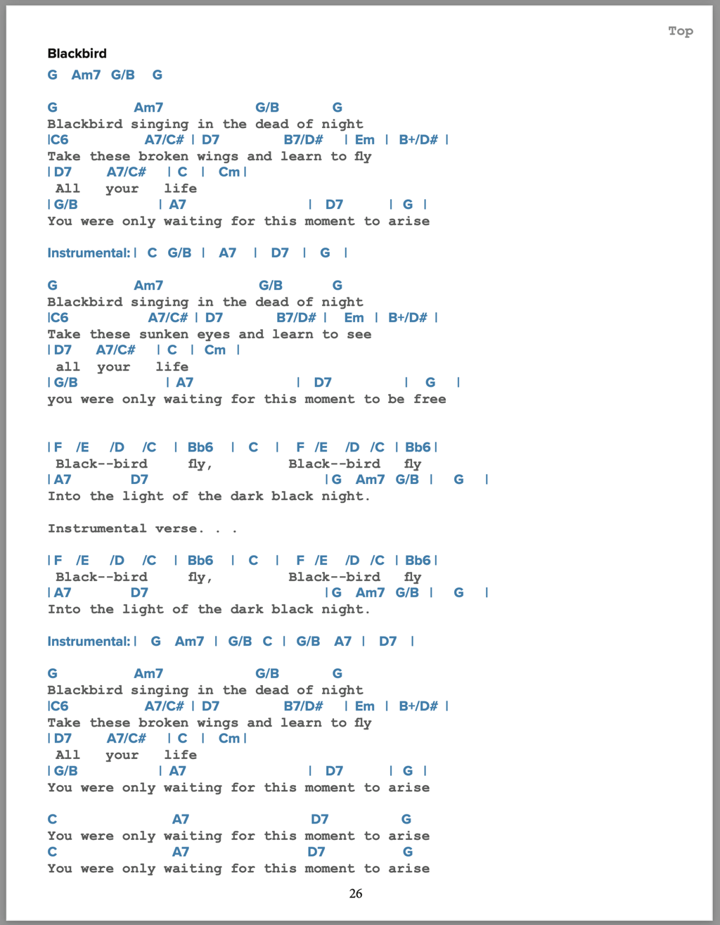 Chords and lyrics to the song Blackbird, by The Beatles 