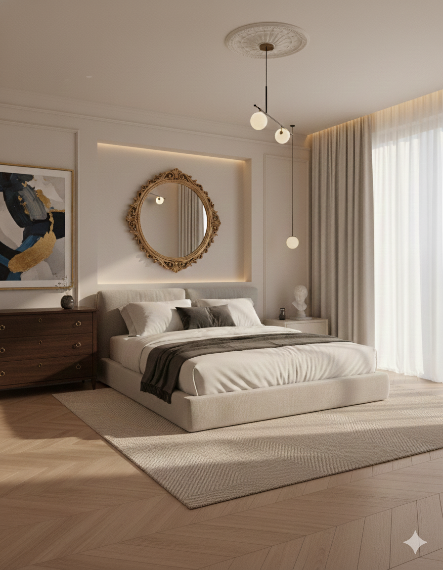 a bedroom with a large bed and a mirror