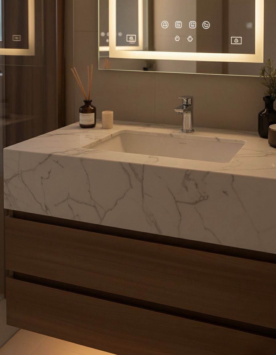 a bathroom with a marbled counter top and a mirror Nour Nagy Designs