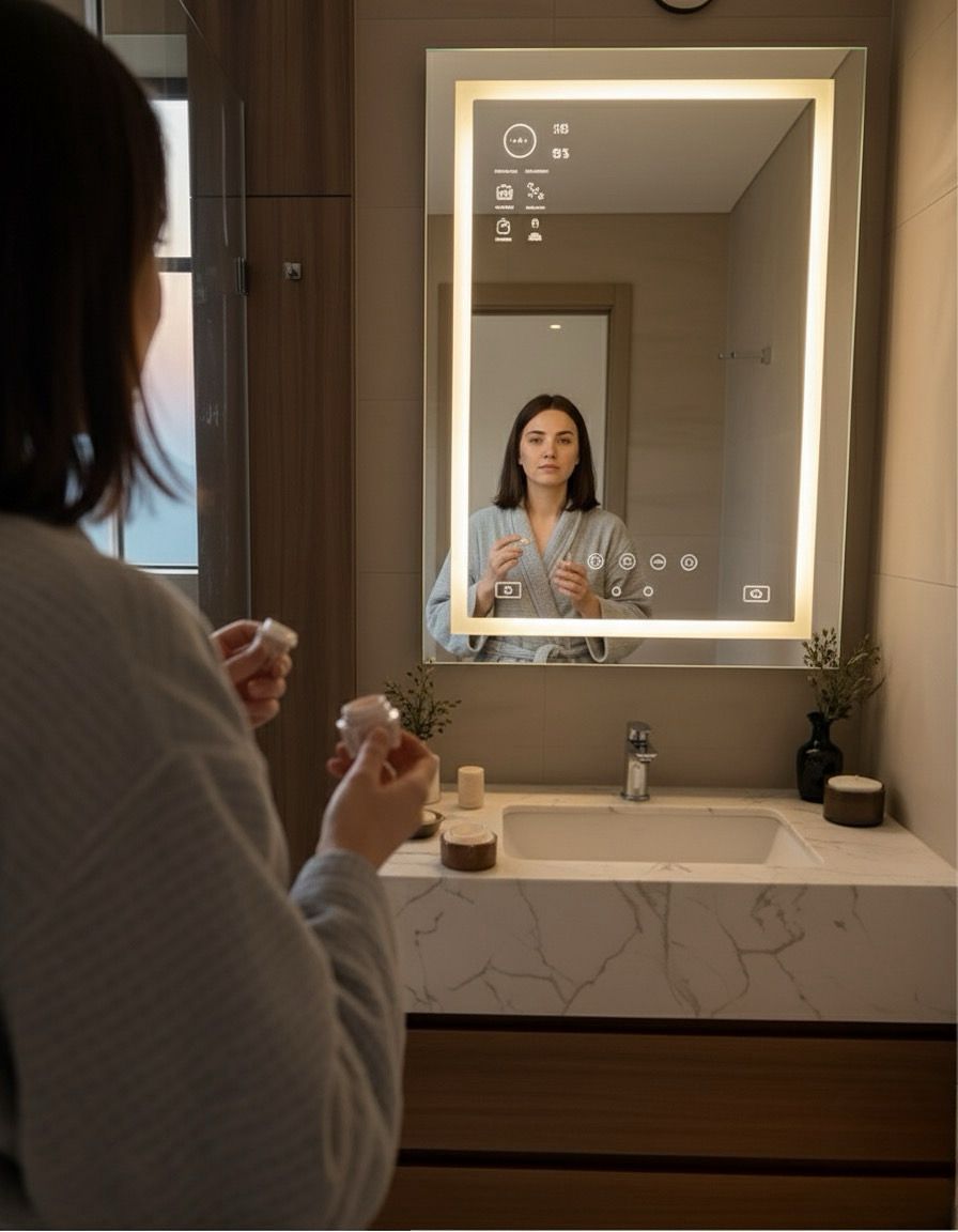 a woman in a robe is looking at her reflection in the mirror Nour Nagy Designs