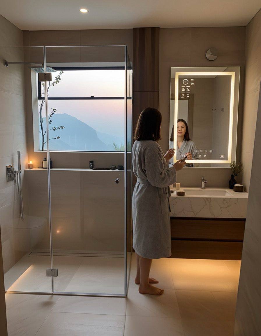 a woman in a robe is standing in a bathroom Nour Nagy Designs