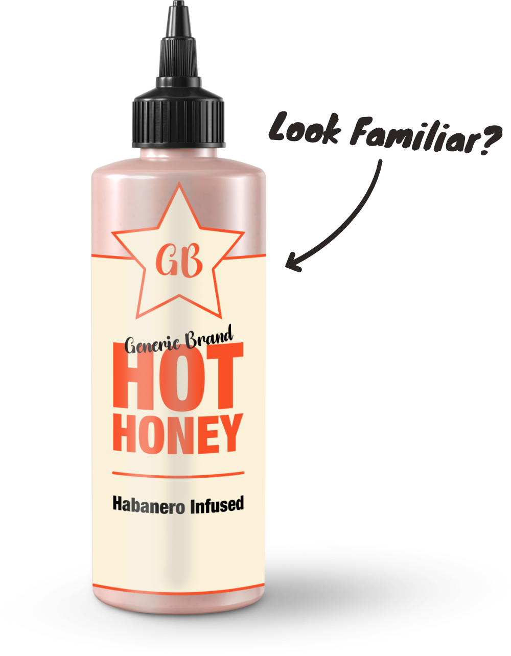 "Generic Brand Hot Honey" A mockup of a bottle that blends in with other brands.