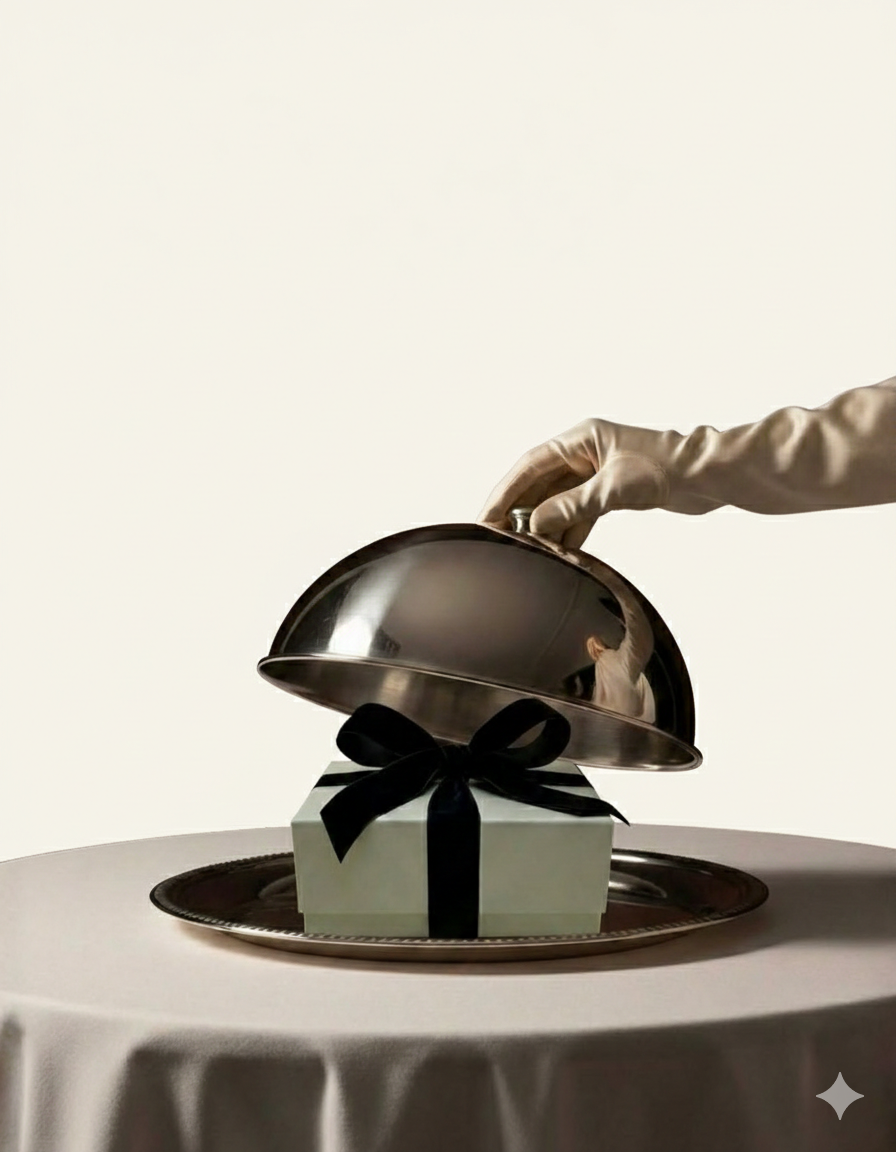Mano enguantada levanta una campana de plata para revelar una caja de regalo de lujo con un lazo.