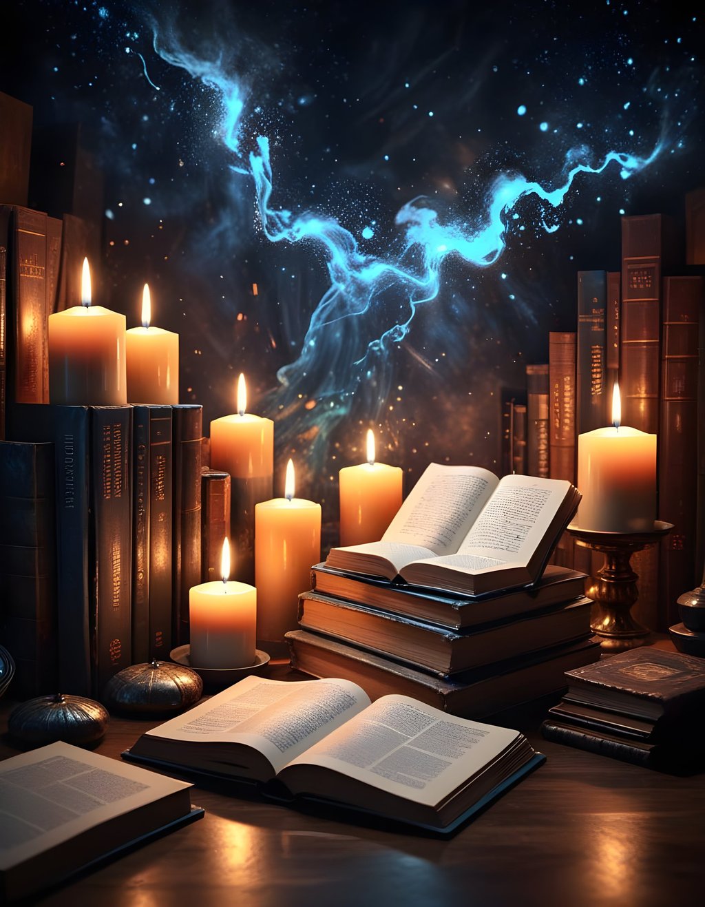 Books and lit candles on a desk with mystical celestial background