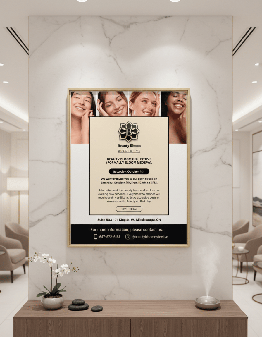 Beauty Bloom Collective open house event poster displayed in a modern medical spa reception area.
