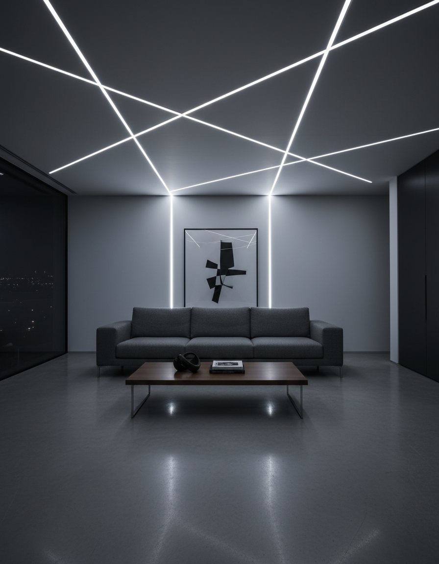 Modern minimalist living room featuring geometric LED linear ceiling lighting and a grey sofa.