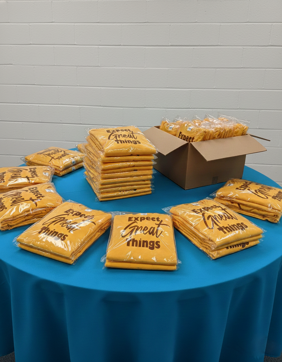 Expect Great things custom apparel order by Design-A-Tee Company, old gold with brown words